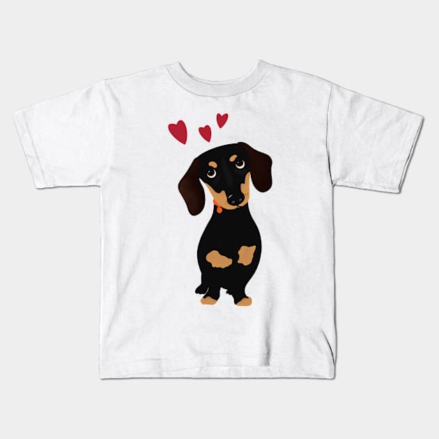 Cute Cartoon Dachshund with Three Red Hearts Kids T-Shirt by NattyDesigns